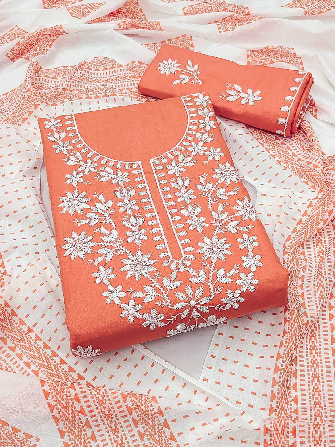 

Peachmode Floral Embroidered Pure Cotton Unstitched Dress Material, Peach