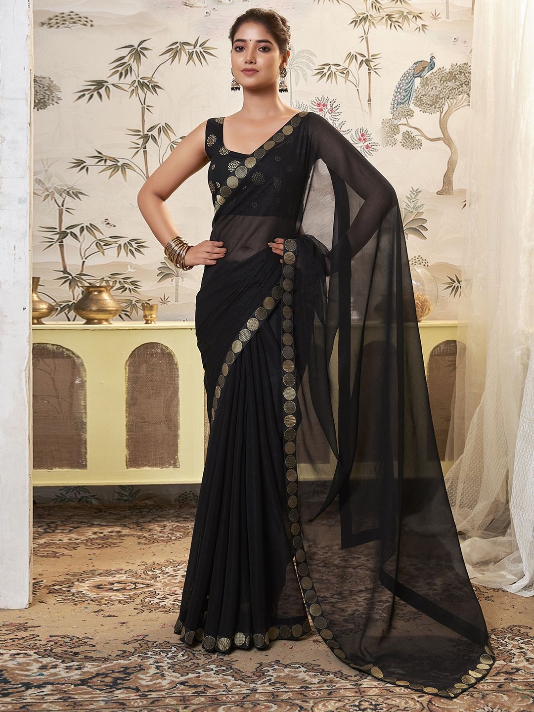 

KALINI Sequinned Solid Sequinned Pure Chiffon Saree, Black