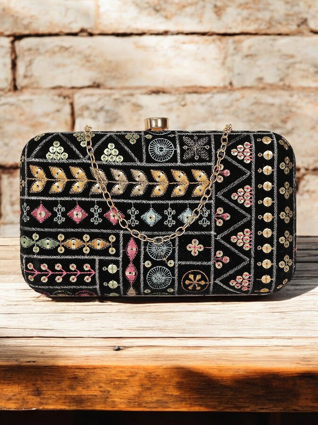 

CRUSSET Embroidered Box Clutch, Black
