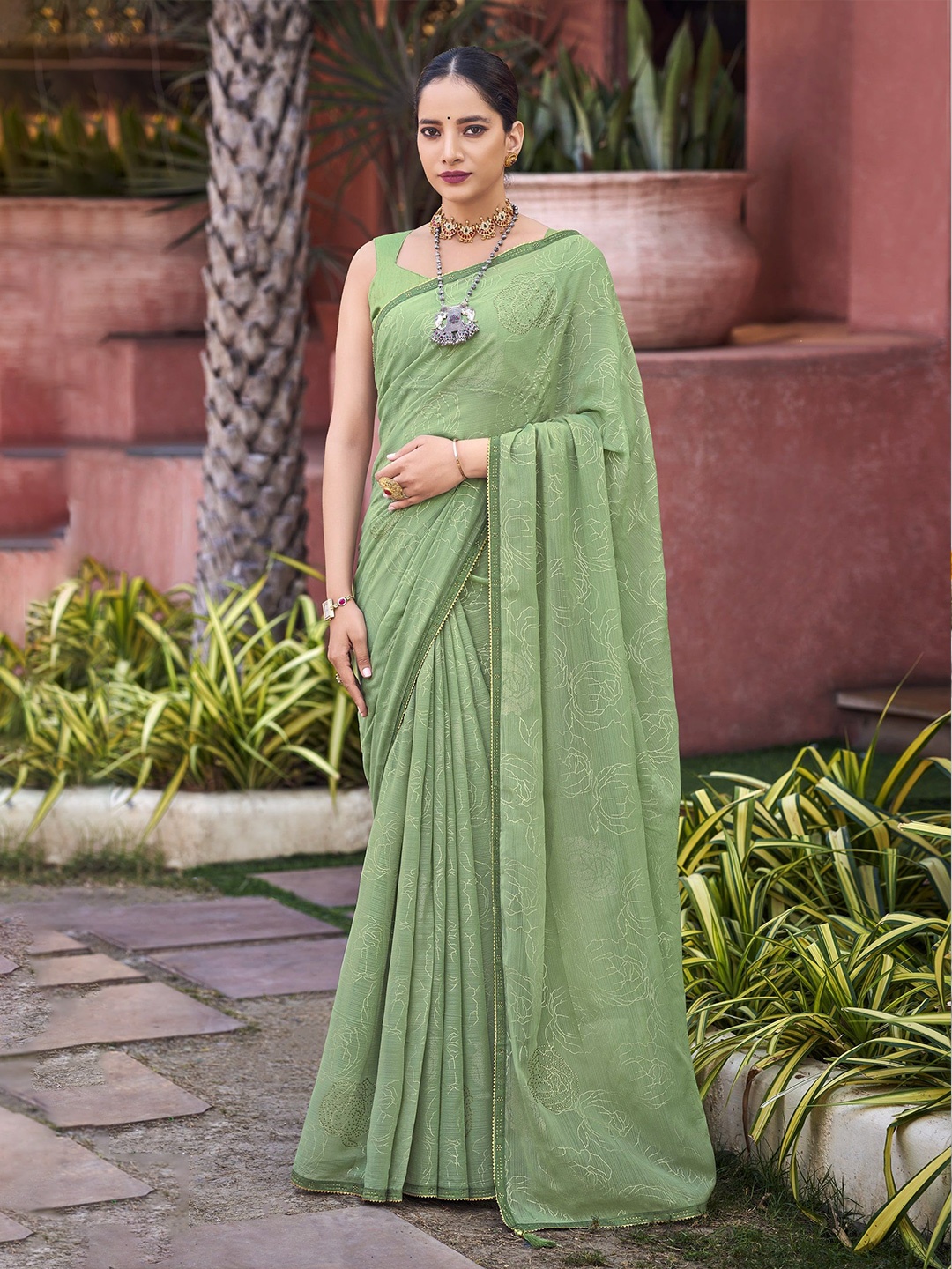 

NIRMAL CREATION Floral Beads and Stones Pure Silk Saree, Green