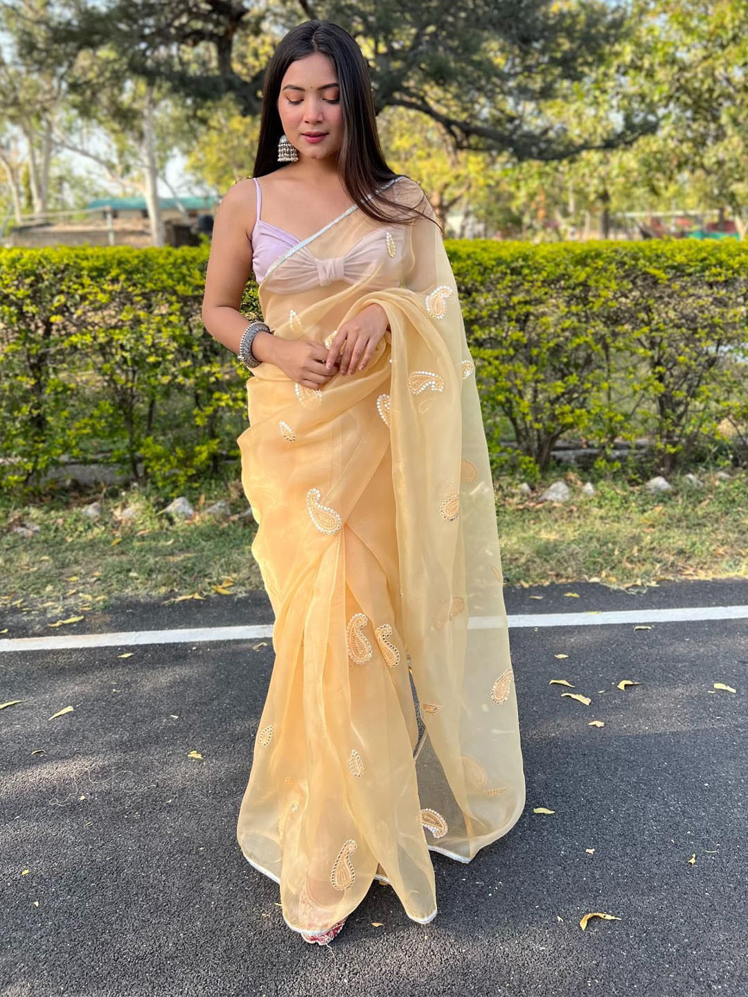 

Kalista Paisley Embroidered Organza Saree, Yellow