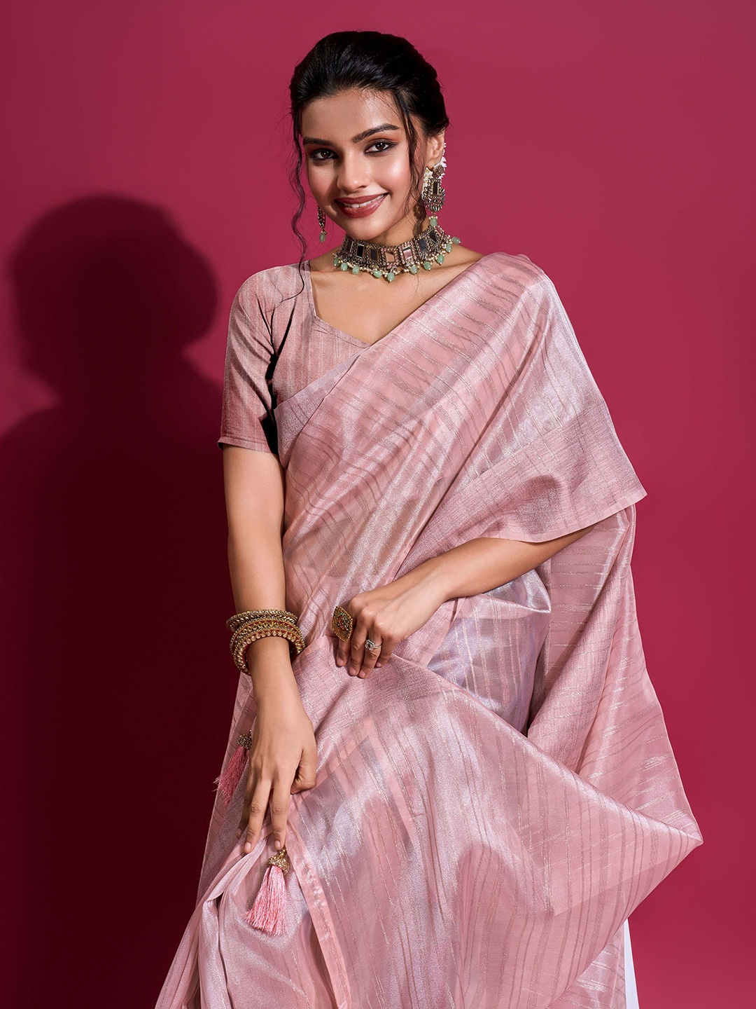 

KIMISHA Women Striped Organza Saree, Pink