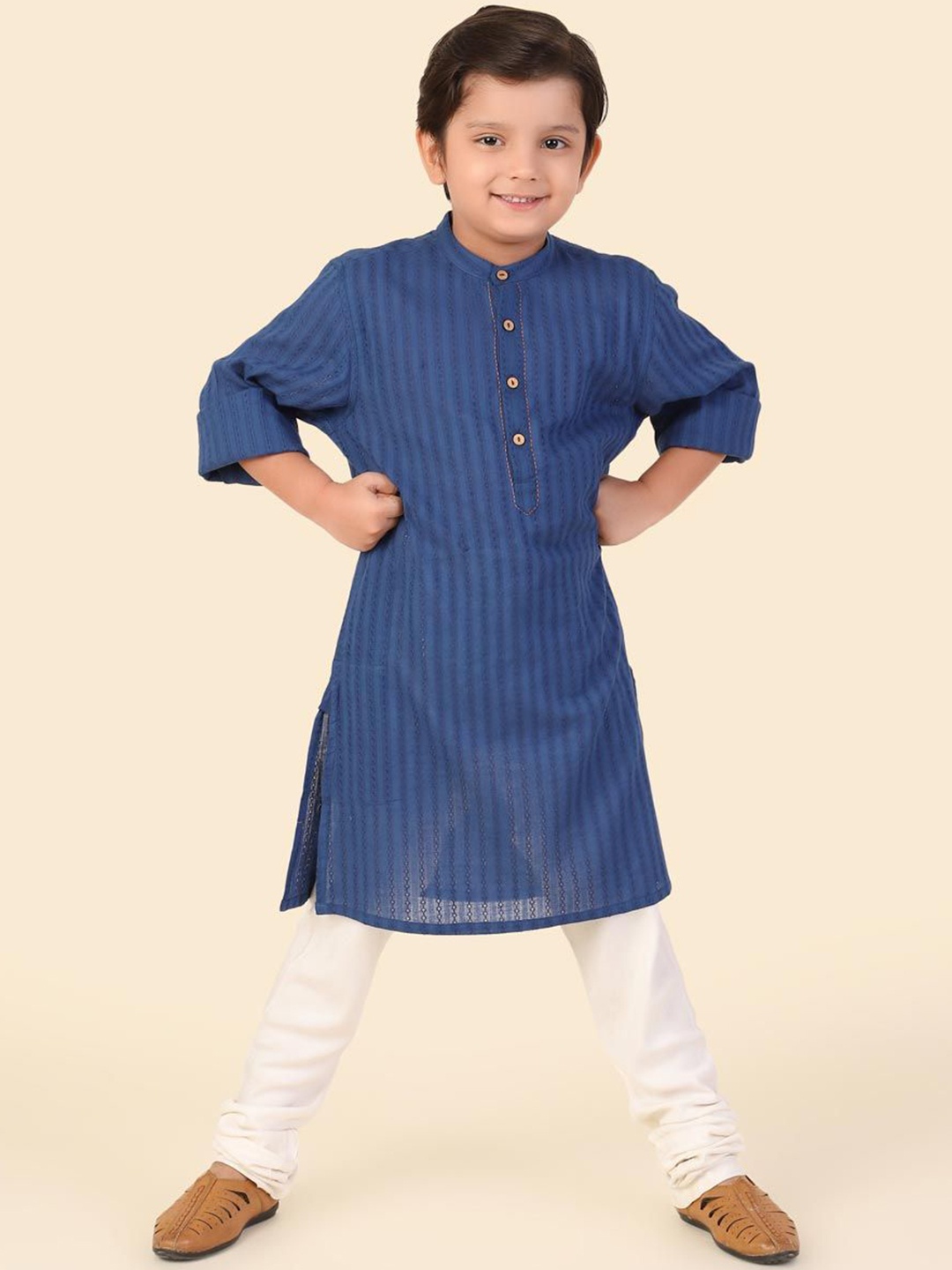 

Fabindia Boys Mandarin Collar Cotton Straight Kurta, Blue