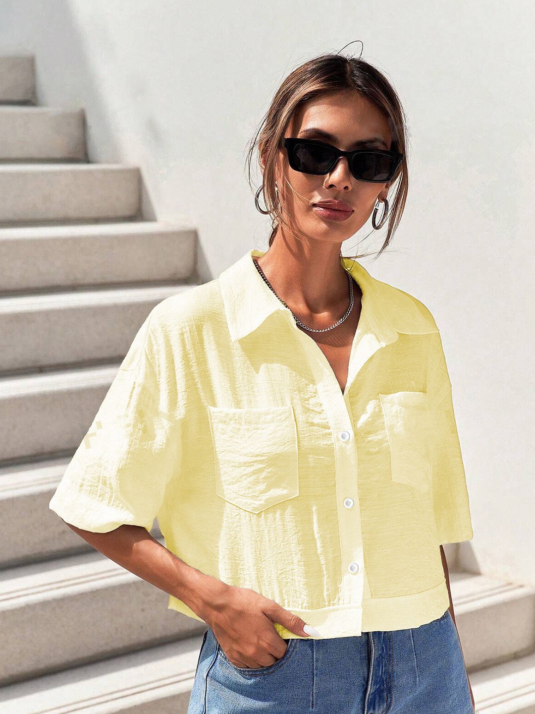 

TAGDO Women Modern Spread Collar Solid Casual Shirt, Yellow