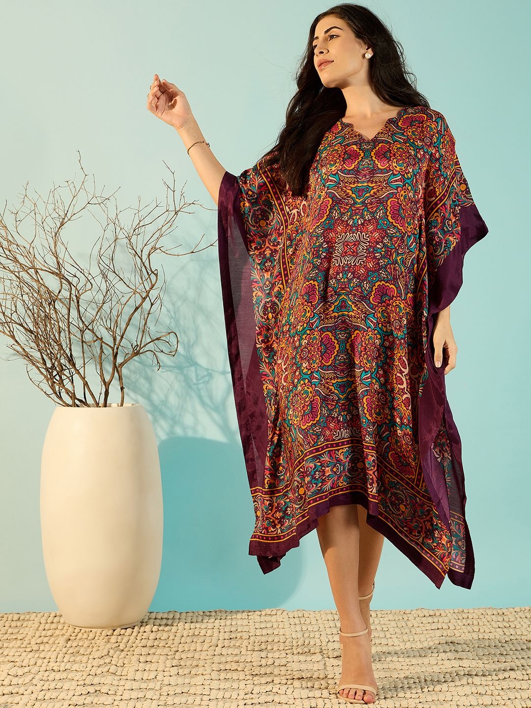 

The Kaftan Company Kaleidoscopic Florals Kaftan Midi Dress, Purple