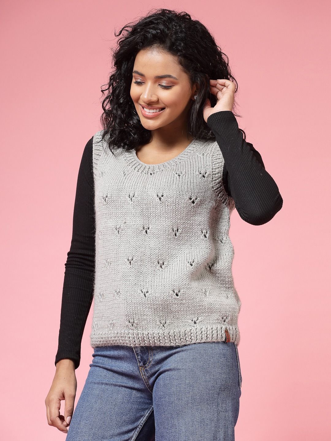 

Velvery Women Sweater Vest with Applique Detail, Grey