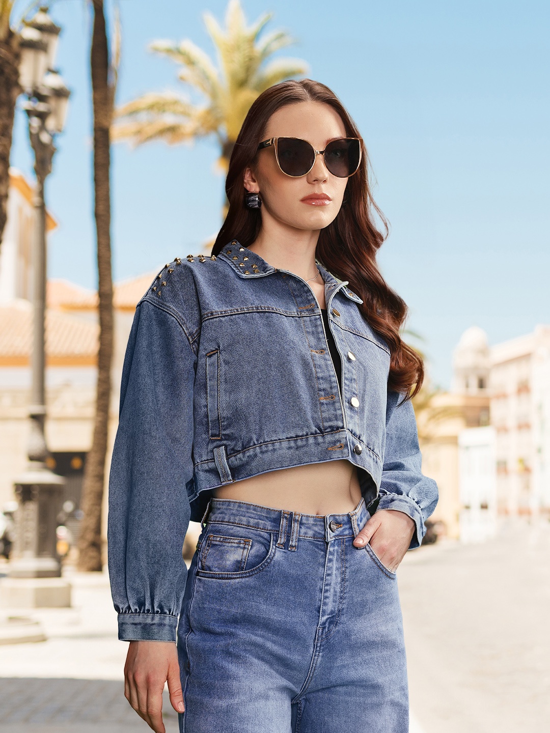 

bebe Denim Daze Studded Crop Denim Jacket, Navy blue