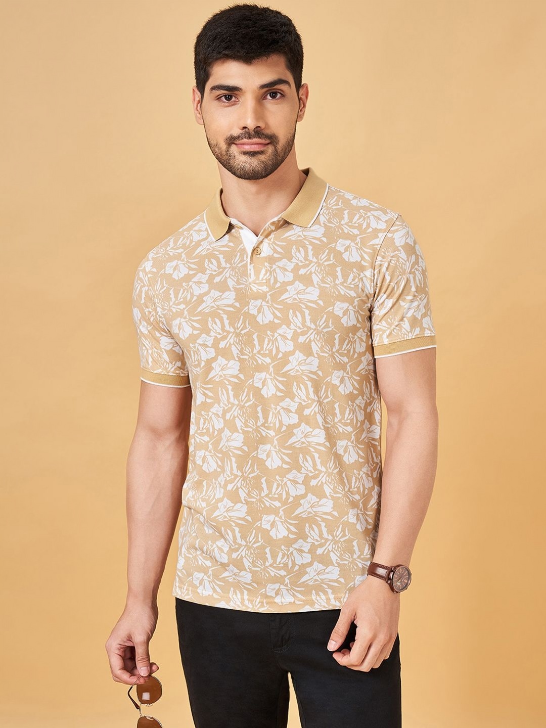 

BYFORD by Pantaloons Men Floral Printed Polo Collar Cotton Slim Fit T-Shirt, Peach