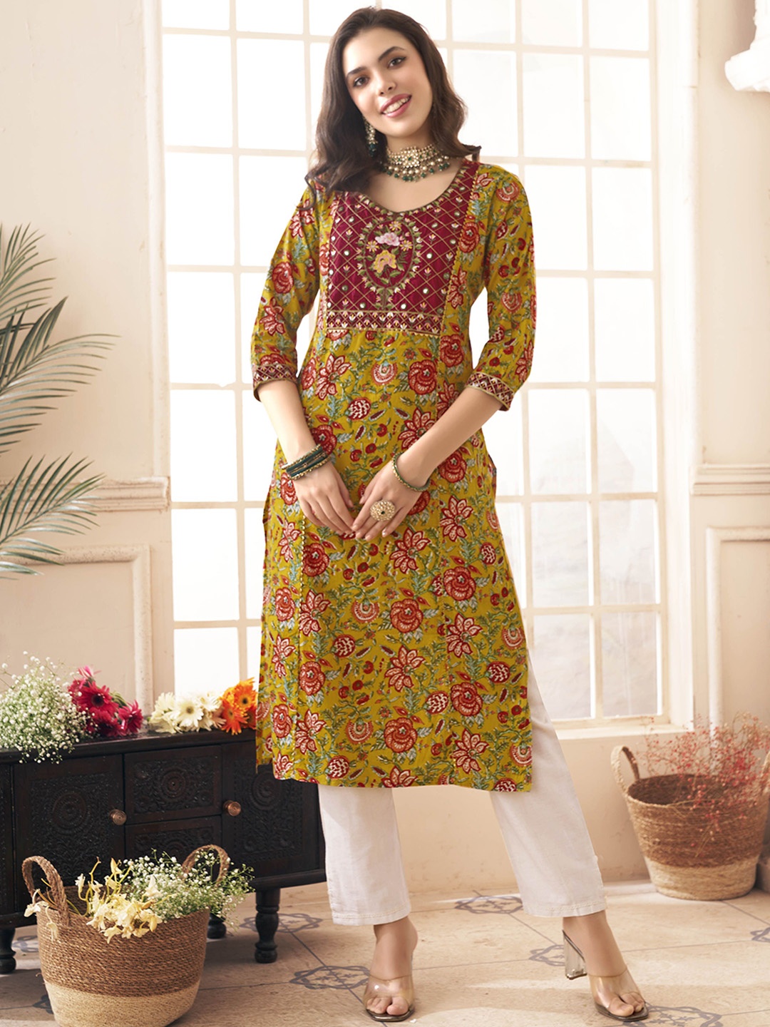 

Anouk Floral Printed Round Neck Mirror Work Pure Cotton Straight Kurta, Mustard