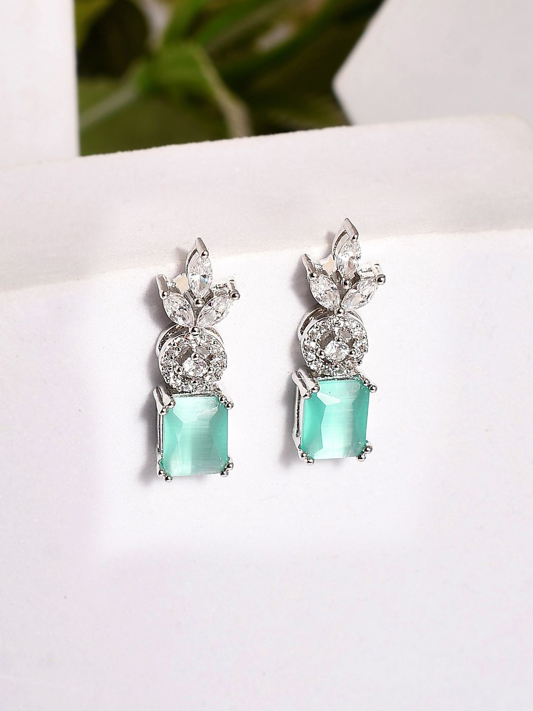 

Voylla American Diamond Rhodium-Plated Brass Contemporary Drop Earrings, Silver