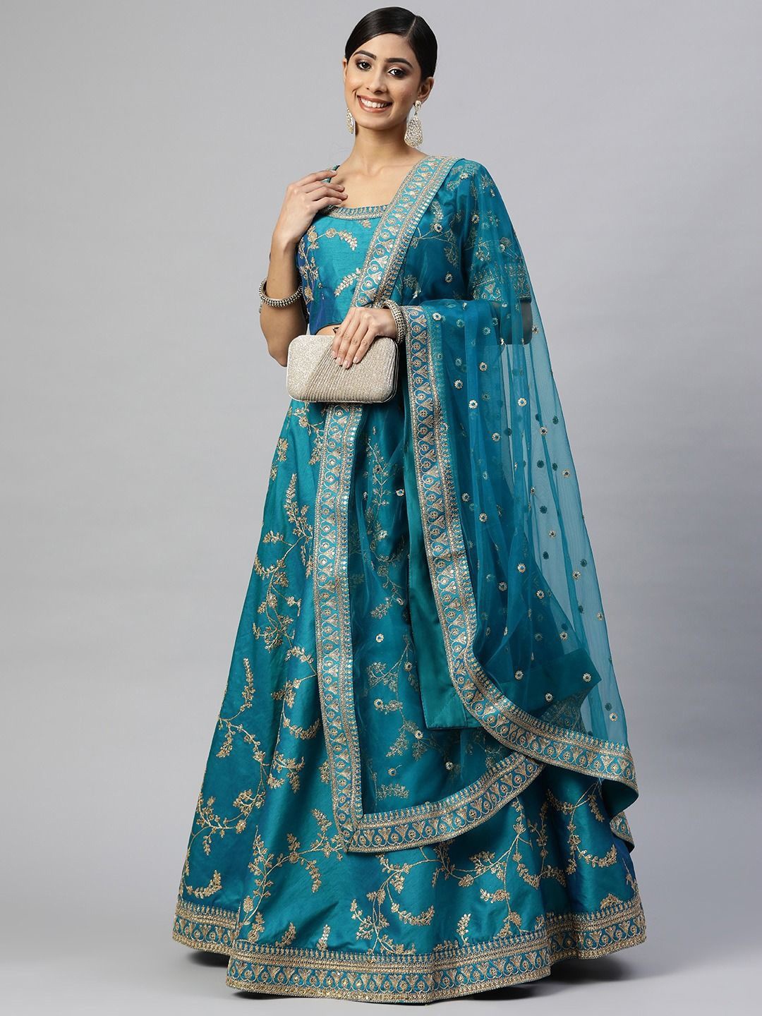 

FABPIXEL Embroidered Sequinned Semi-Stitched Lehenga & Unstitched Blouse With Dupatta, Teal