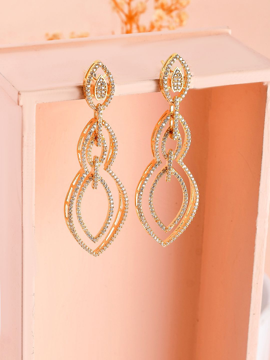 

Voylla American Diamond Sparkling Elegance Regal Teardrop Shaped Drop Earrings, Gold