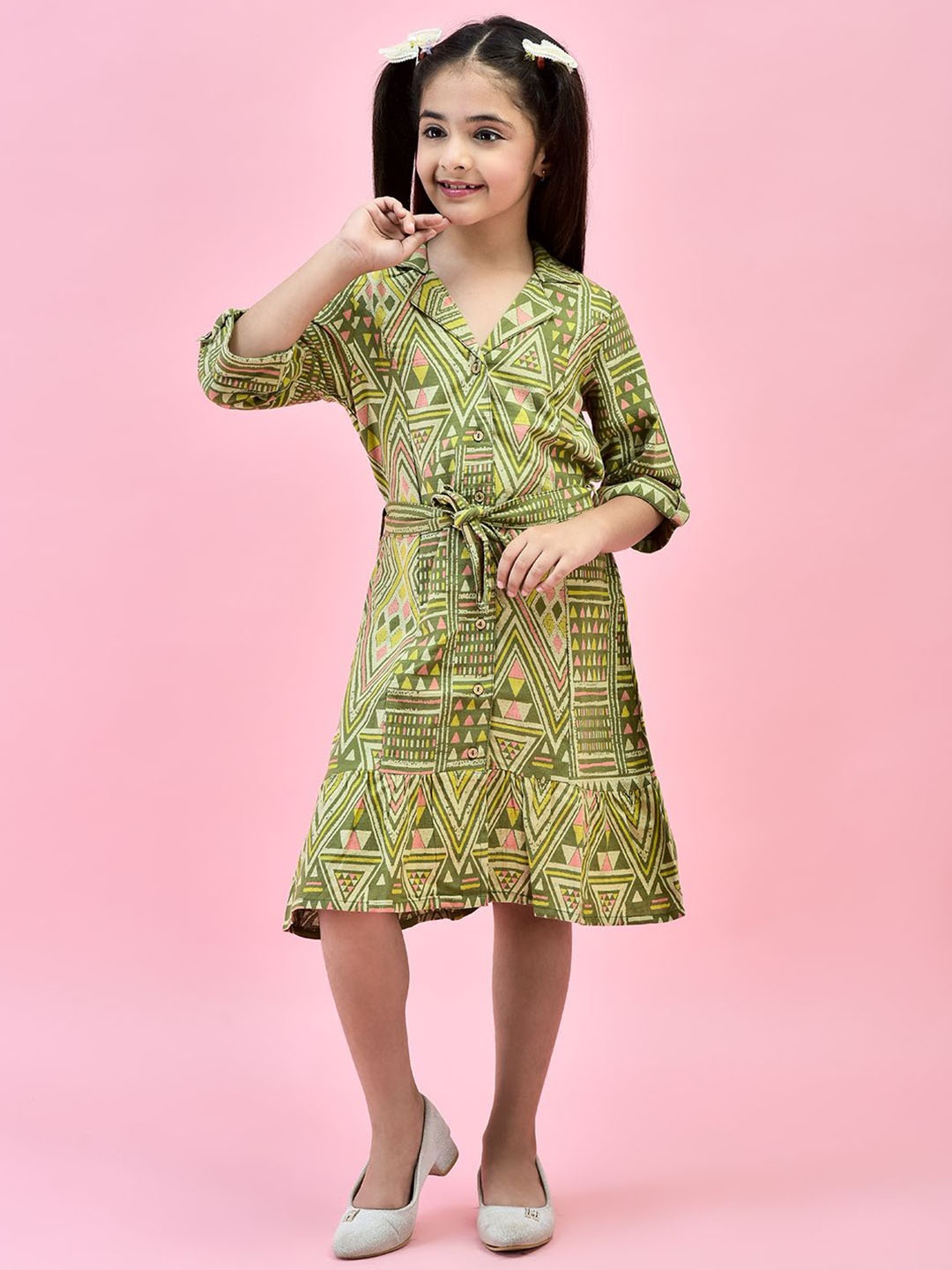 

Juniper Girls Printed Shirt Collar Tie-Ups Details Shirt Dress, Green