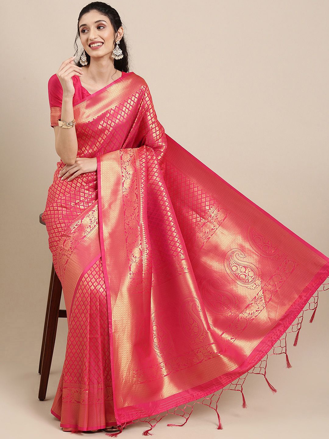 

Saree mall Ethnic Motifs Zari Banarasi Sarees, Pink