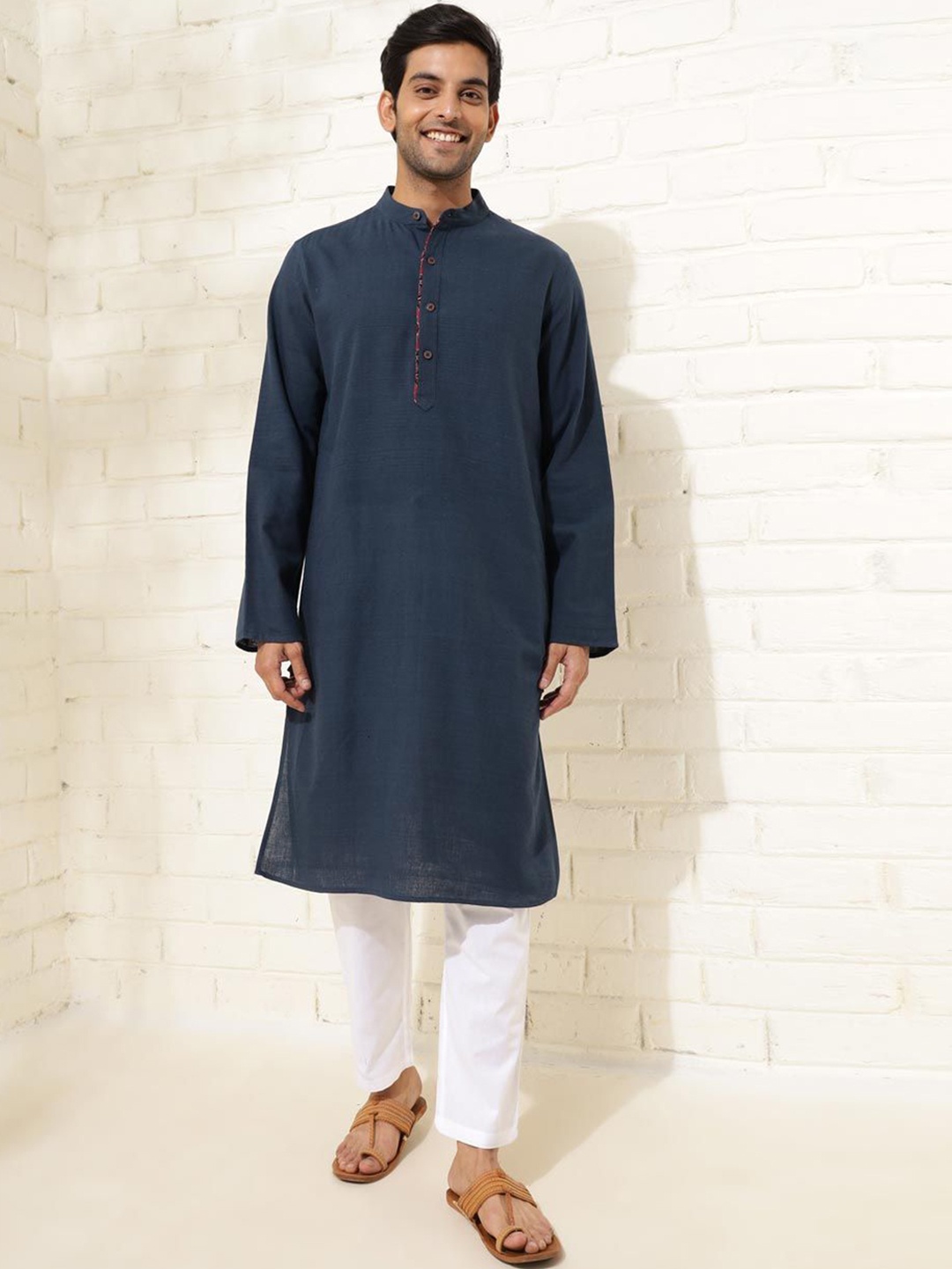 

Fabindia Mandarin Collar Cotton Straight Kurta, Navy blue