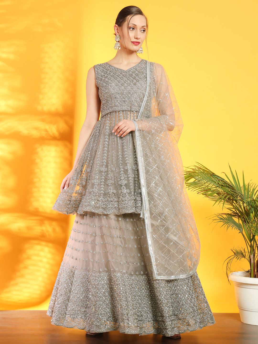

Chhabra 555 Mirror Work & Crystal Embellished Top Lehenga With Dupatta, Grey