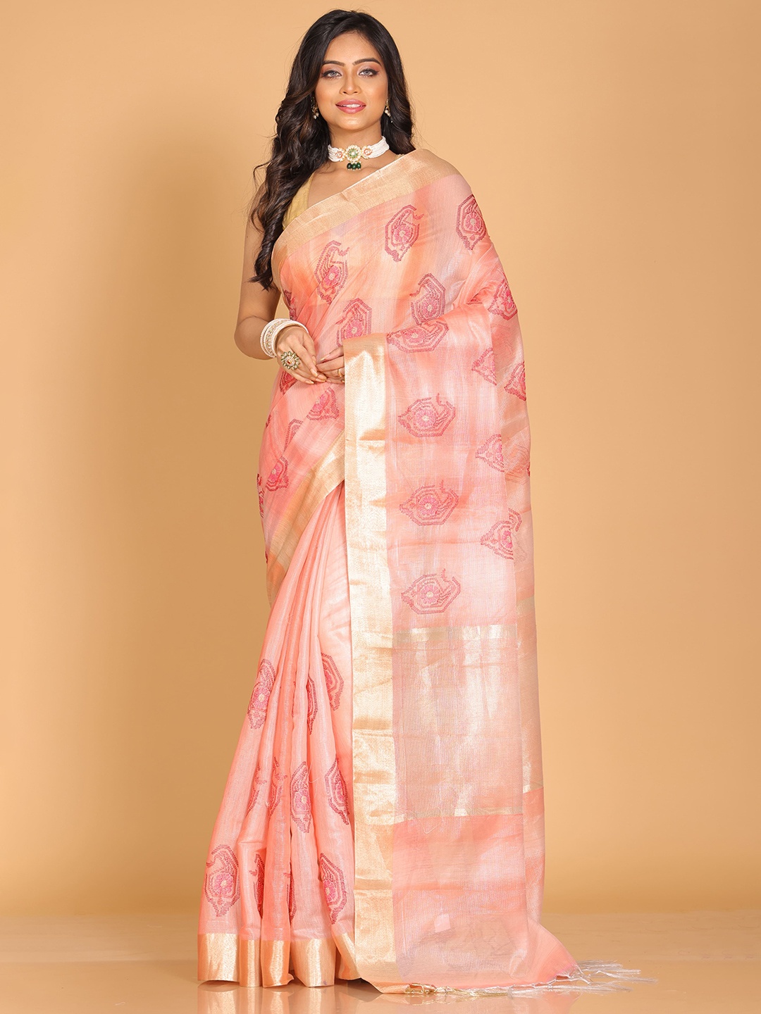 

Morchari Embroidered Zari Ethnic Motifs Tissue Saree, Pink