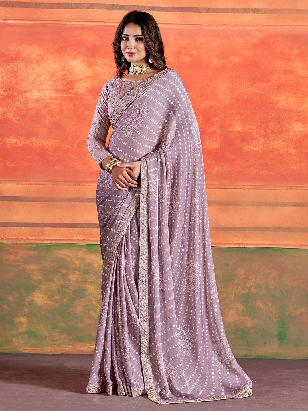 

Saree mall Bandhani Sequinned Bandhani Sarees, Lavender