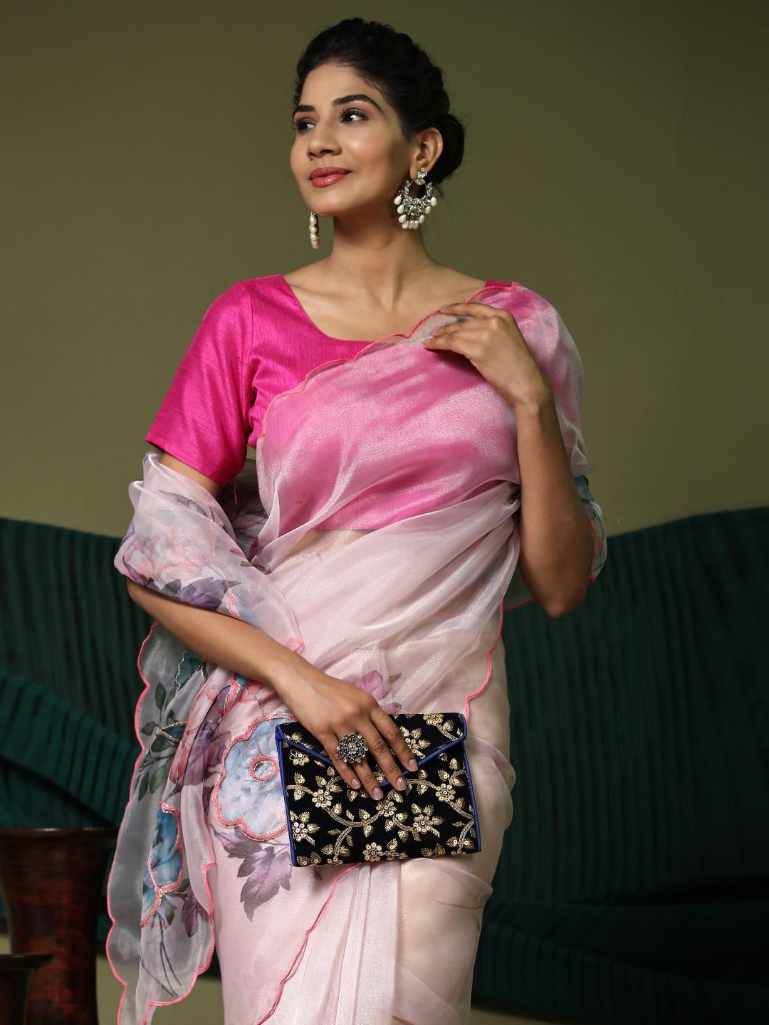 

Kalista Embroidered Sequinned Organza Saree, Pink