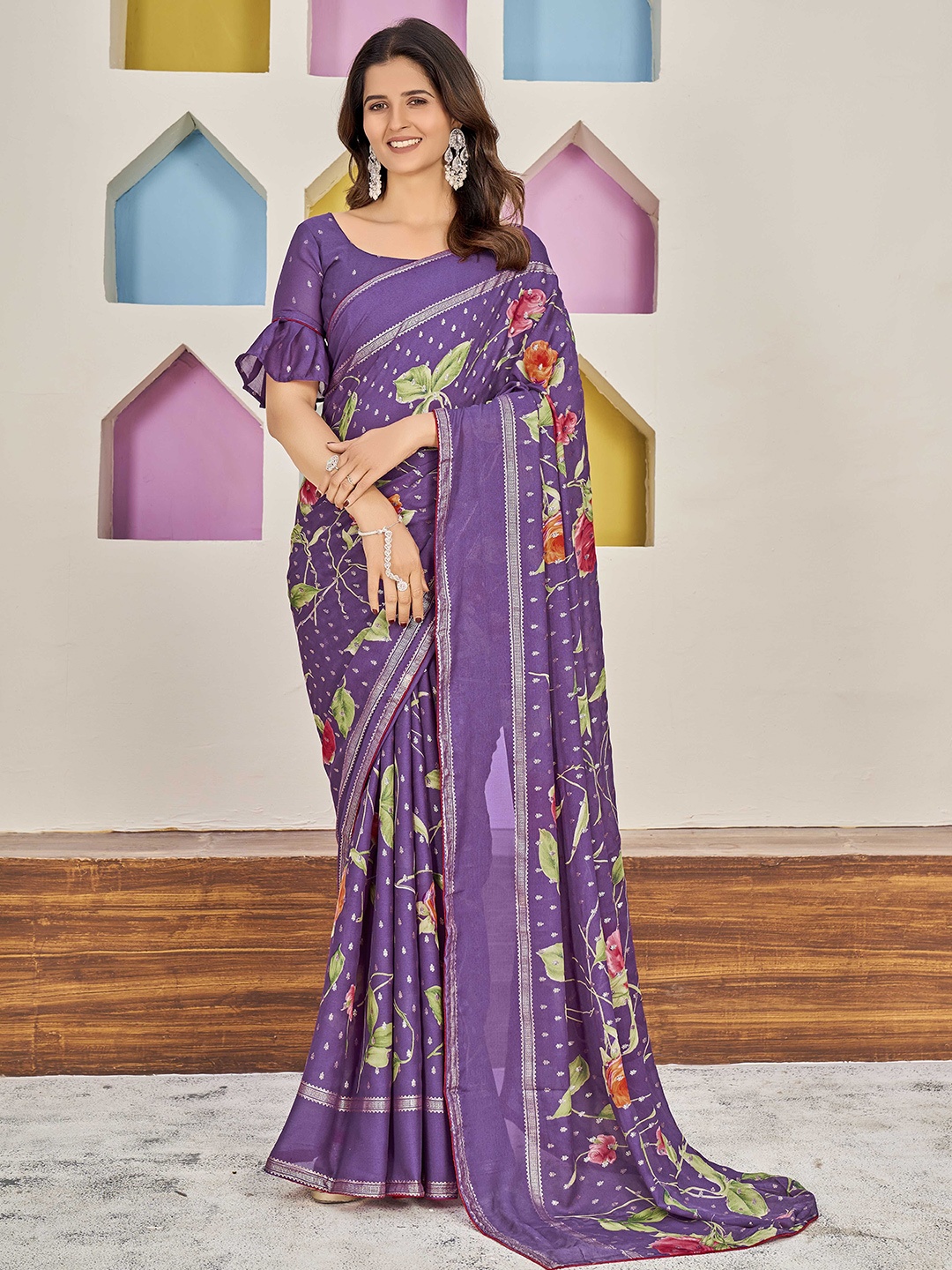 

Ethnielle Floral Silk Blend Saree, Purple