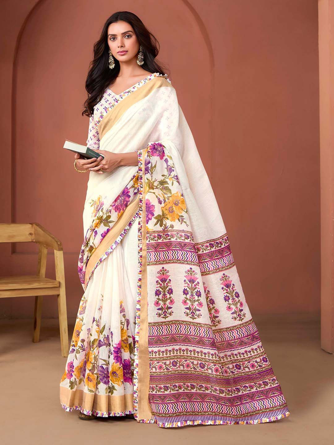 

Mitera Floral Linen Blend Saree, Purple