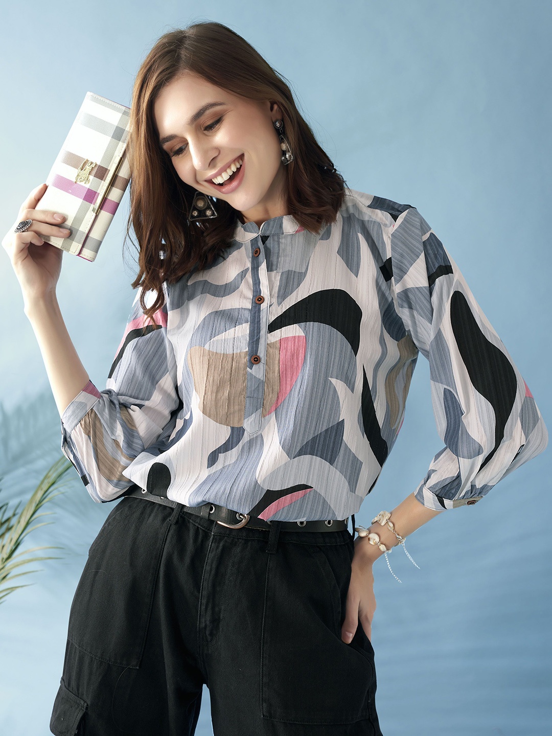

Anouk Women Abstract Printed Opaque Casual Shirt, Grey