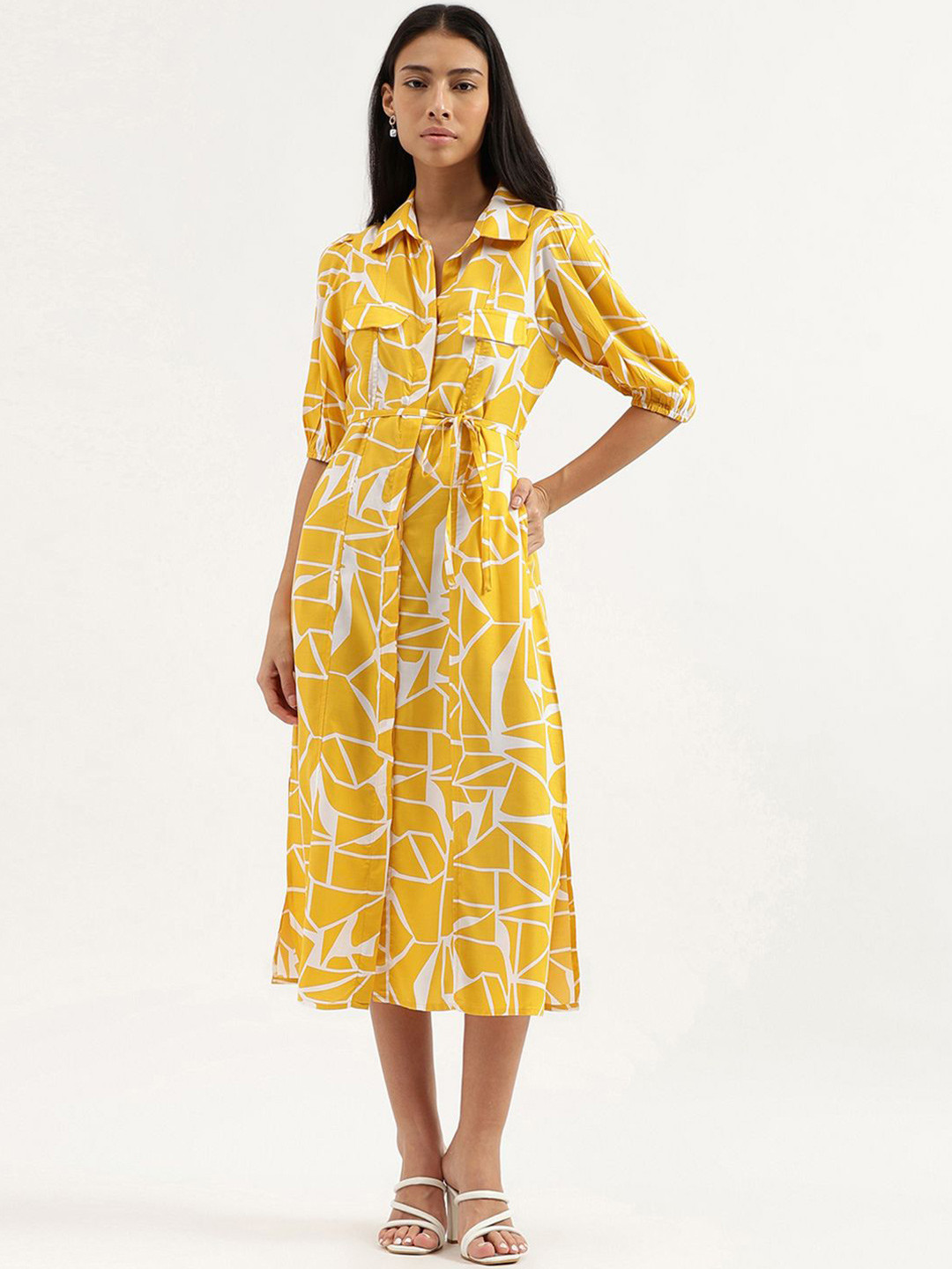 

United Colors of Benetton Collared Printed Shirt Midi Dress, Yellow