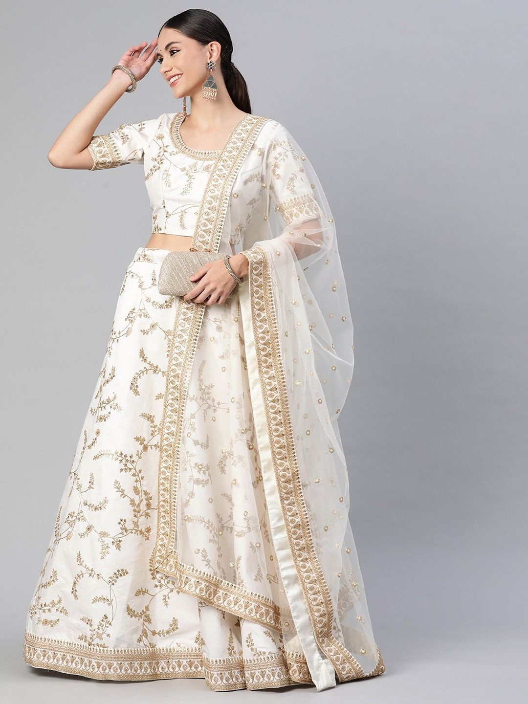 

FABPIXEL Embroidered Sequinned Semi-Stitched Lehenga & Unstitched Blouse With Dupatta, White