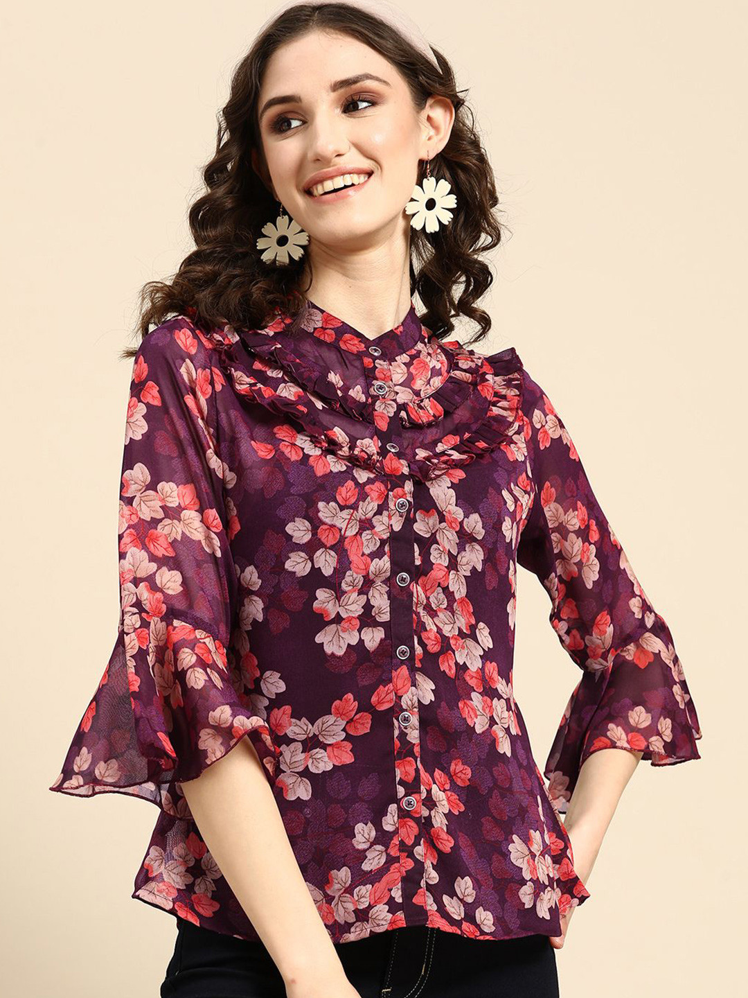 

all about you Women Floral Printed Mandarin Collar Top, Purple
