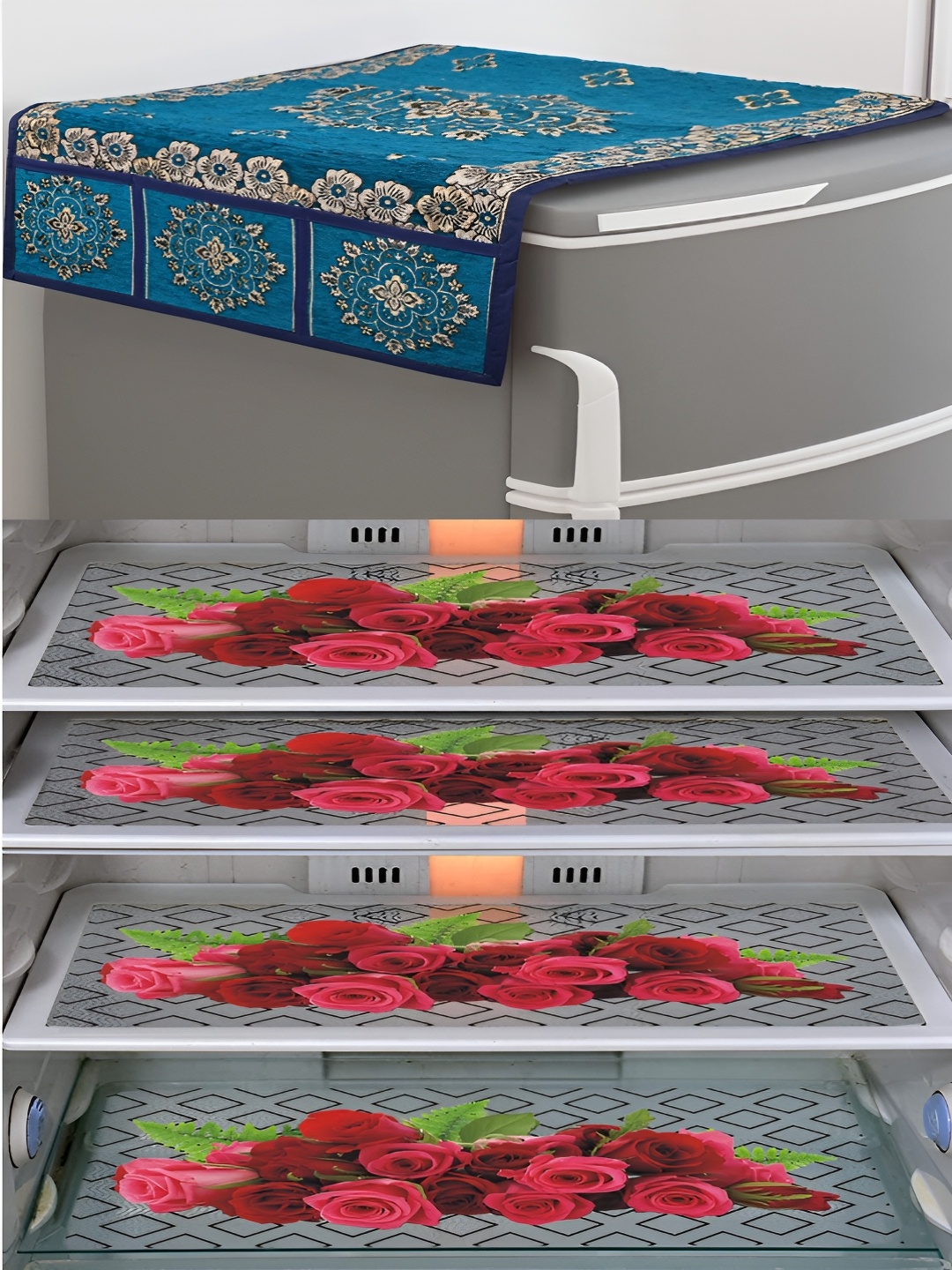 

LooMantha Violet & Beige 5 Pieces Printed Fridge Cover With Side Storage & Fridge Mat