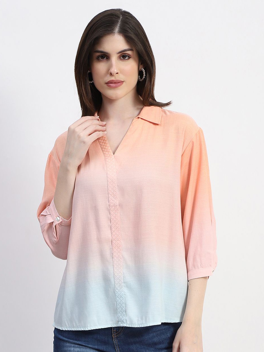 

Madame Women Dyed Shirt Collar Top, Orange