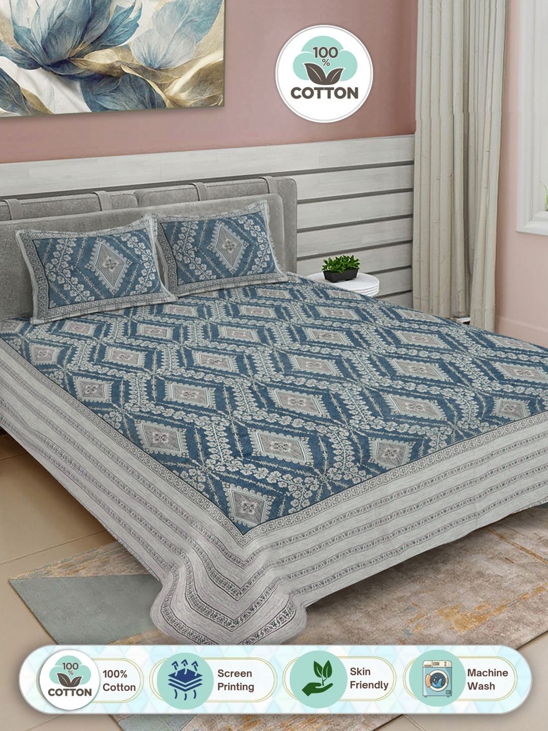 

FABINALIV Blue & Grey Floral Print Pure Cotton King Size Bedsheet & 2 Pillow Covers