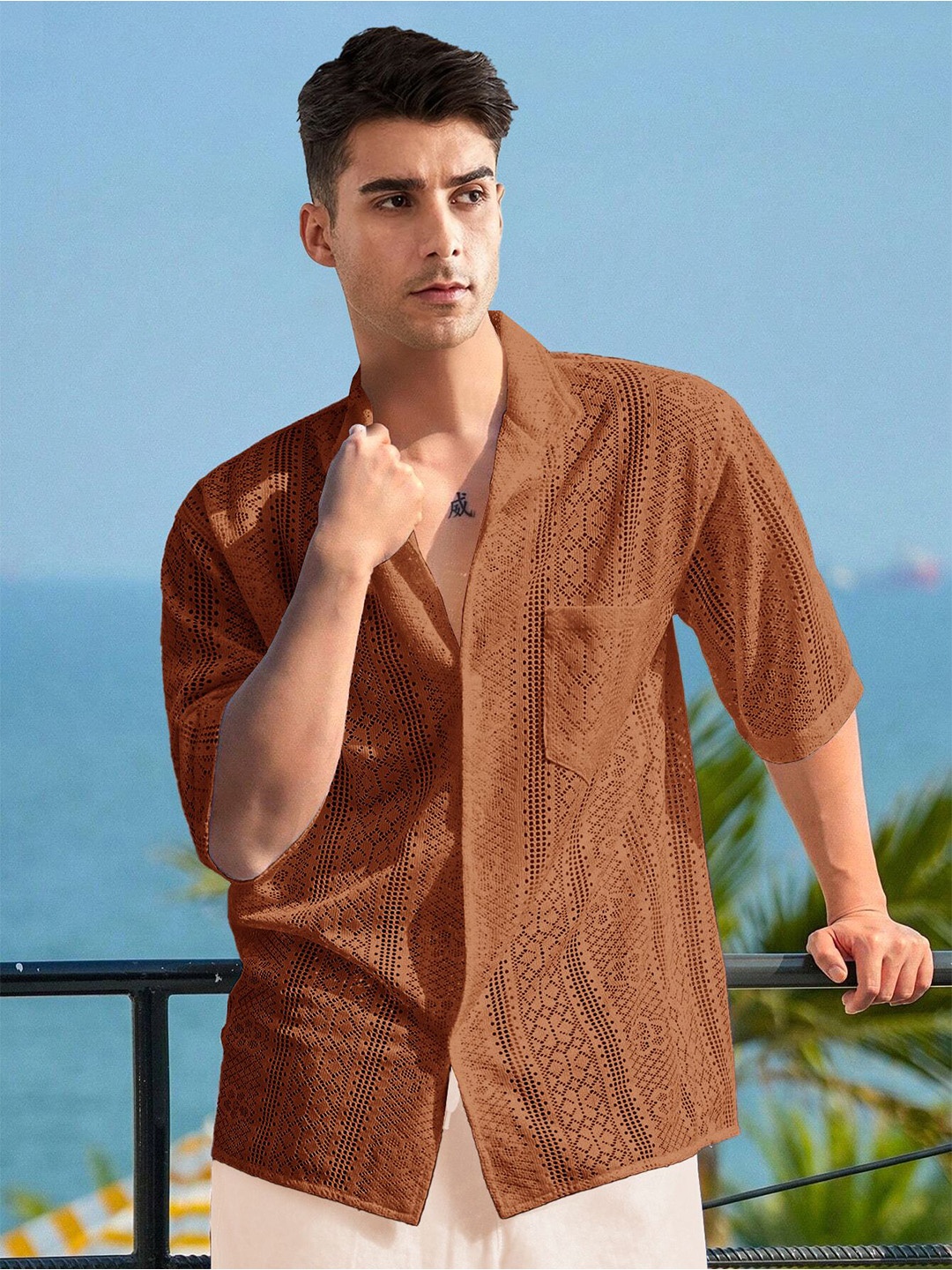 

HAMPTONS Men Spread Collar Textured Self Design Crochet Cotton Casual Shirt, Brown