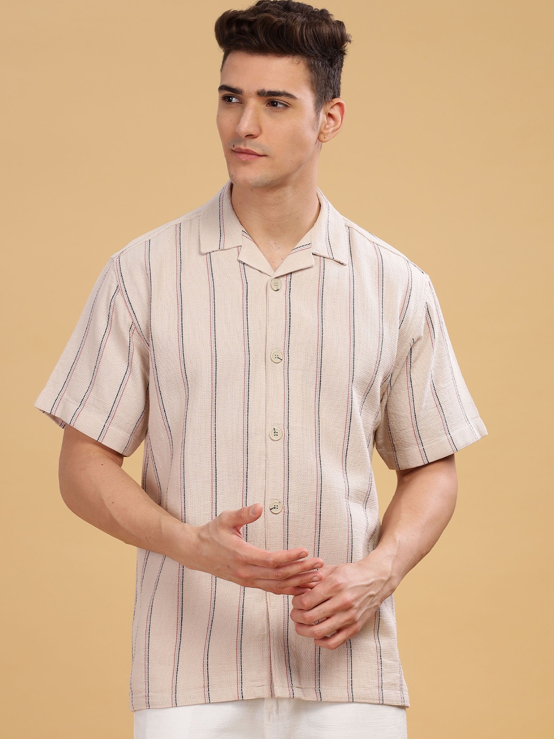 

HAMPTONS Pure Cotton Lining Half Sleeve Casual Shirt, Cream