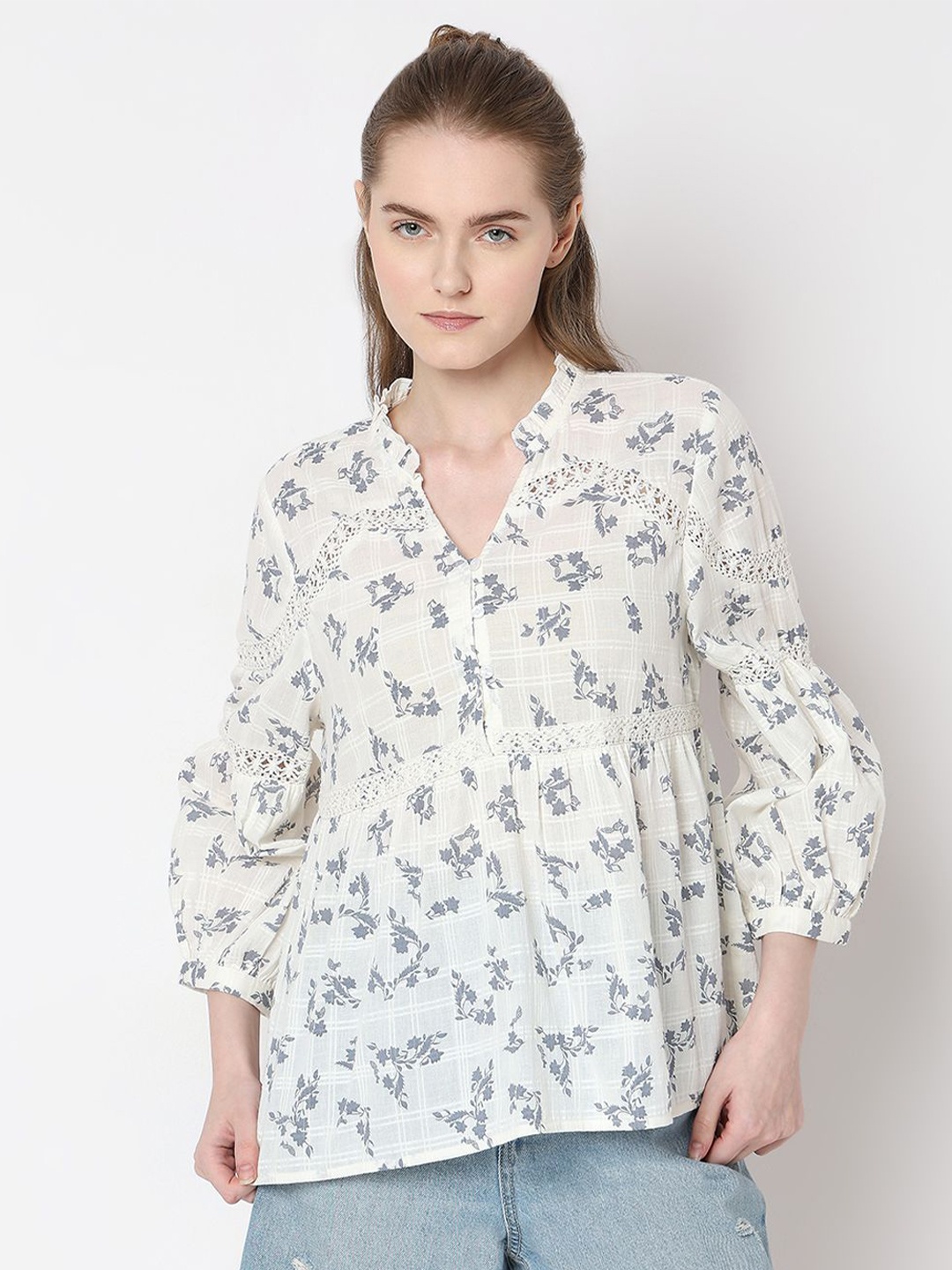 

Vero Moda Women Floral Printed Mandarin Collar Cotton Top, White