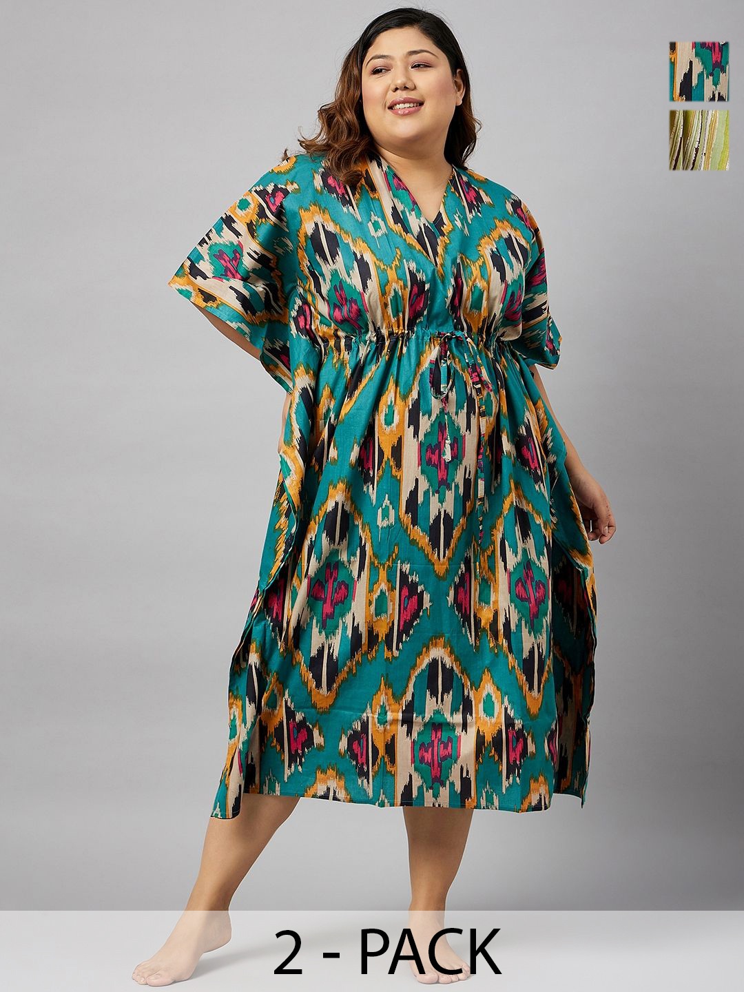 

Curves By ZeroKaata Women Pack of 2 Plus size Pure Cotton Kaftan Nightdress, Assorted