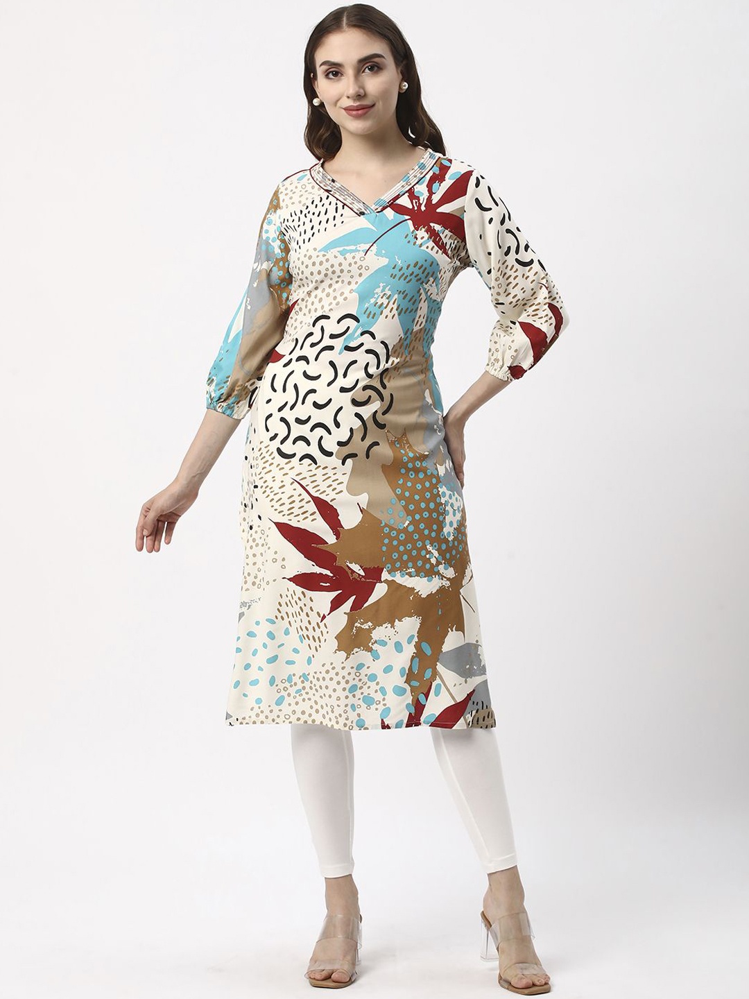 

R&B Women Printed Flared Sleeves Kurta, Off white
