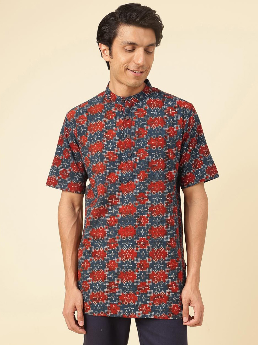

Fabindia Ethnic Motifs Printed Band Collar Cotton Straight Kurta, Navy blue