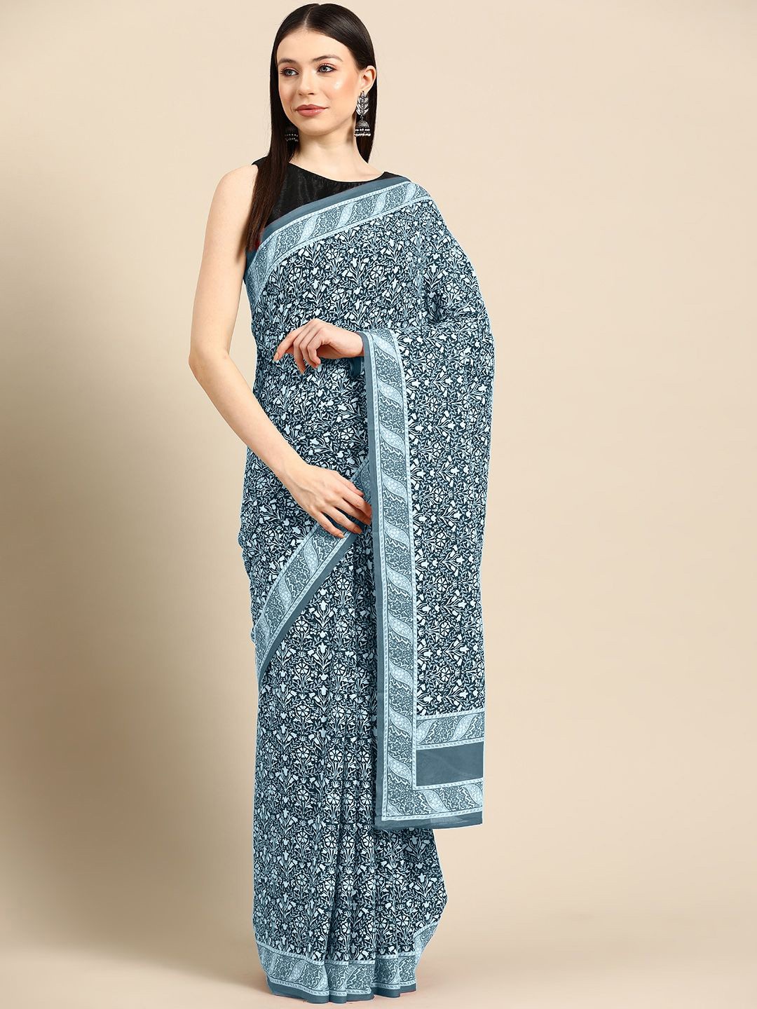 

BUTA BUTI Floral Pure Cotton Saree, Blue