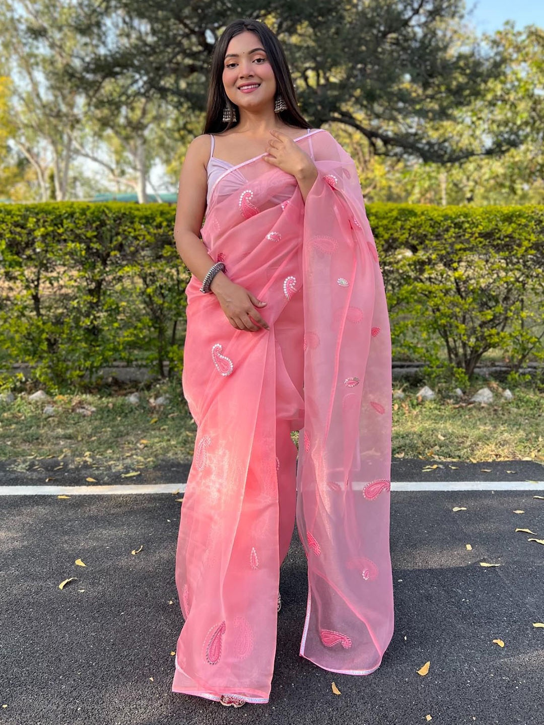 

Kalista Paisley Embroidered Organza Saree, Pink