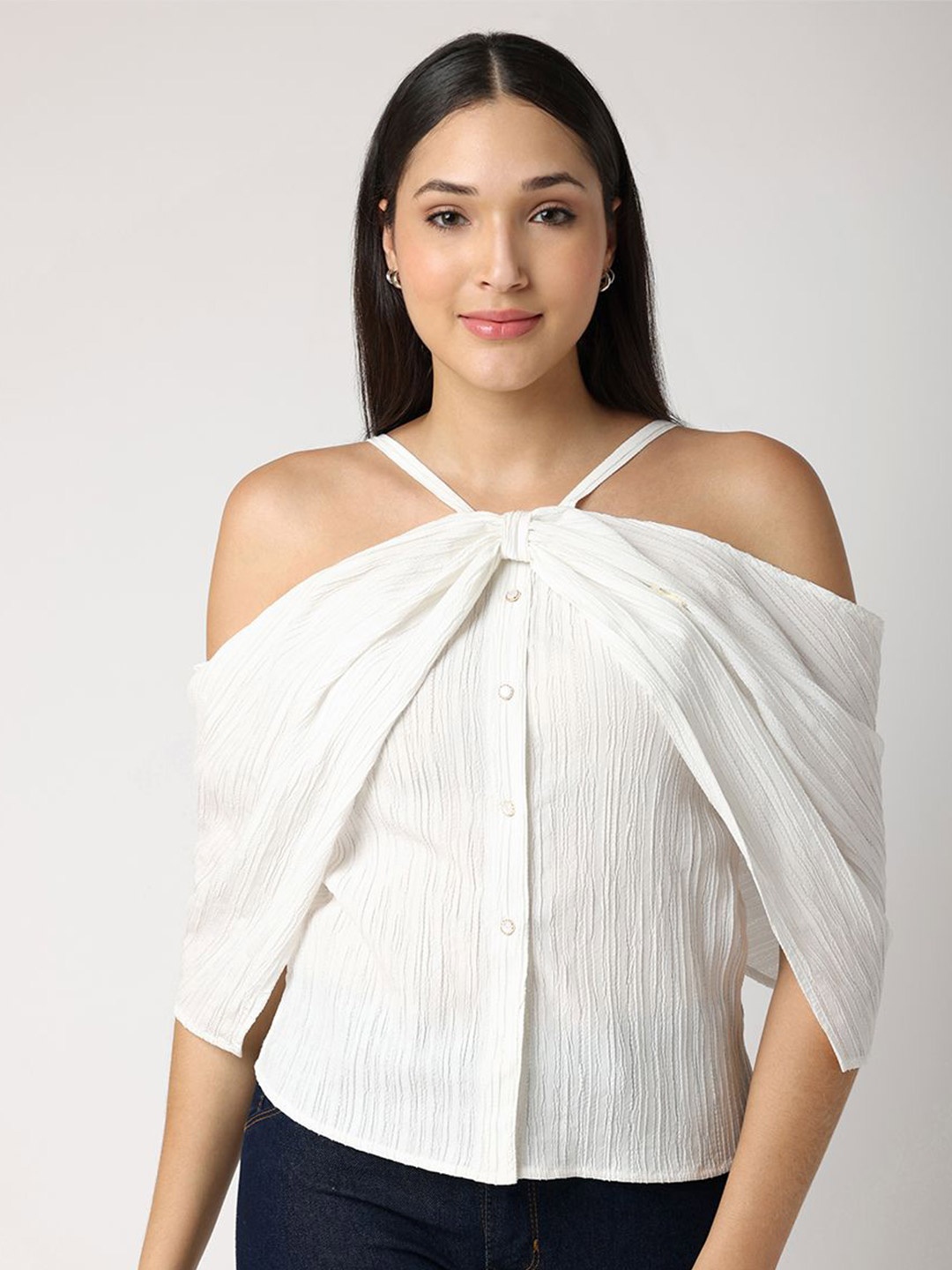 

BLANC9 Striped Cold-Shoulder Bardot Top, White