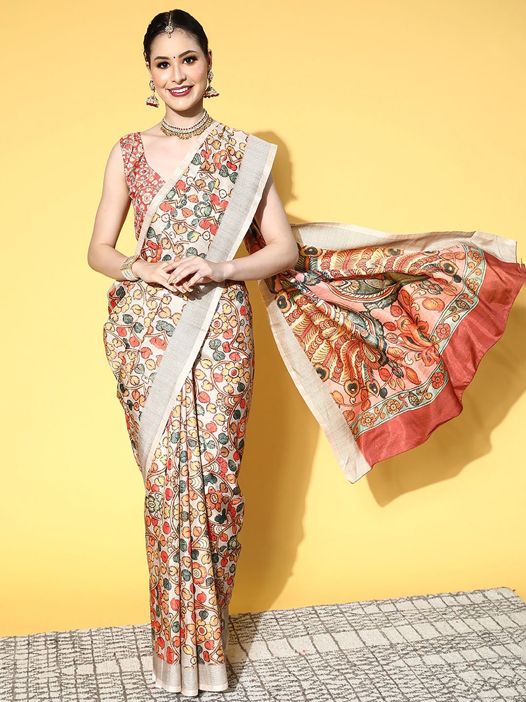 

Saree mall Floral Pochampally Sarees, Beige
