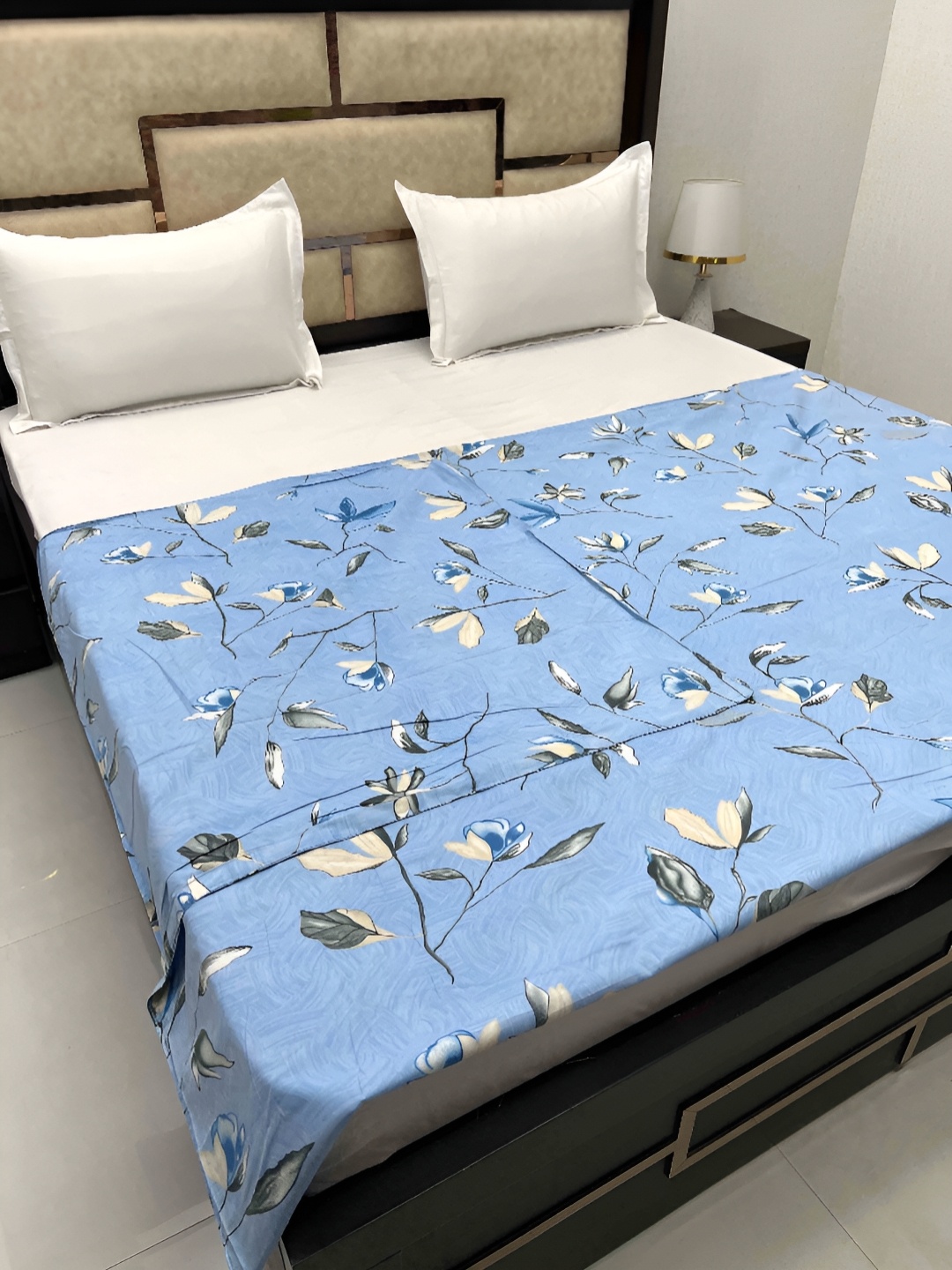 

Pure Decor Grey & Black Printed 260 TC Pure Cotton Super King Duvet Cover, Blue