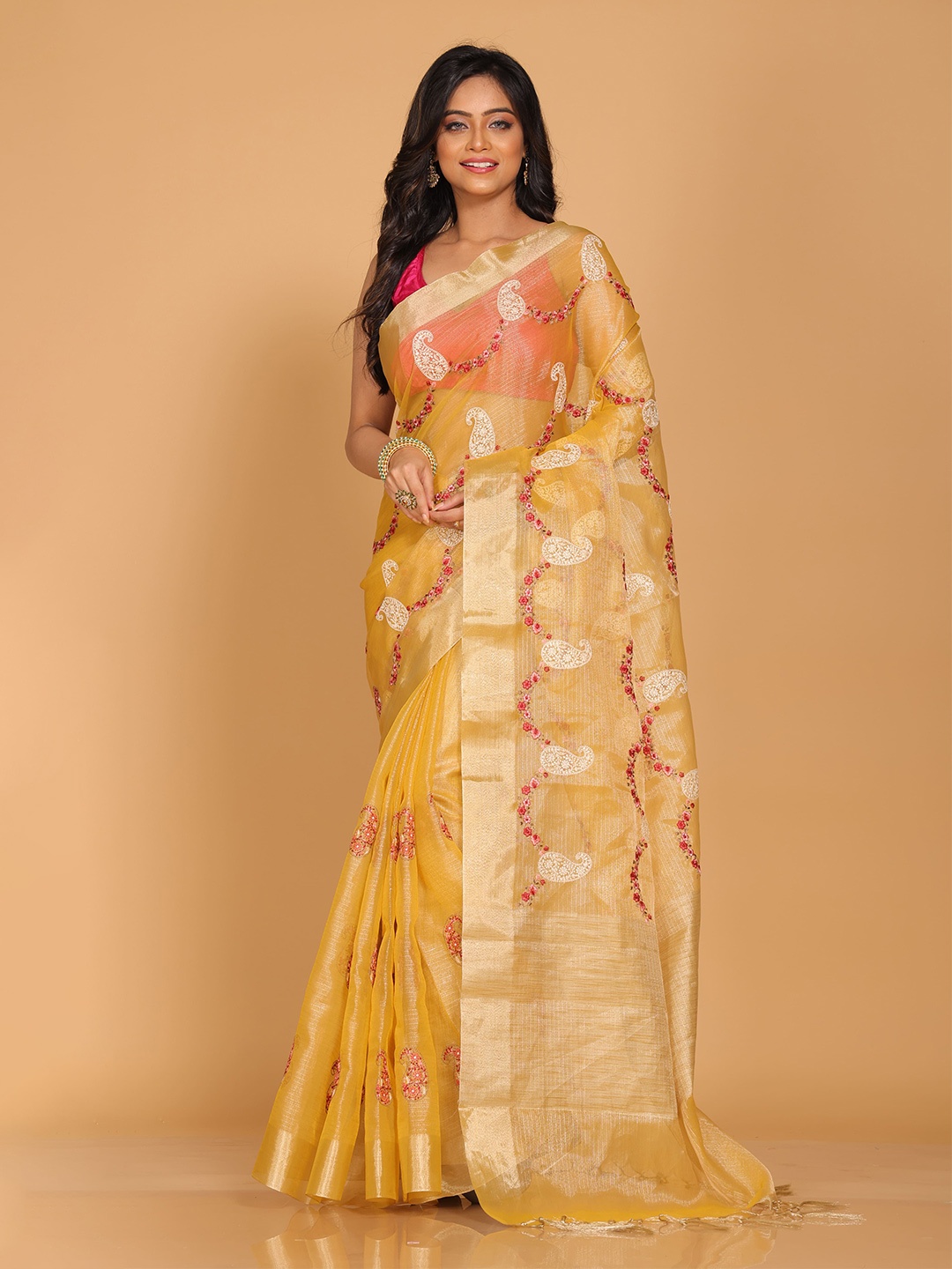 

Morchari Embroidered Zari Floral Tissue Saree, Yellow