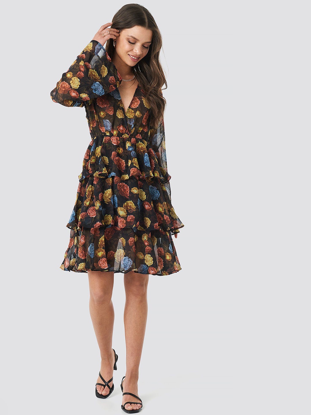 

TIRA Women Floral Printed Bell Sleeve Ruffled Fit & Flare Dress, Black