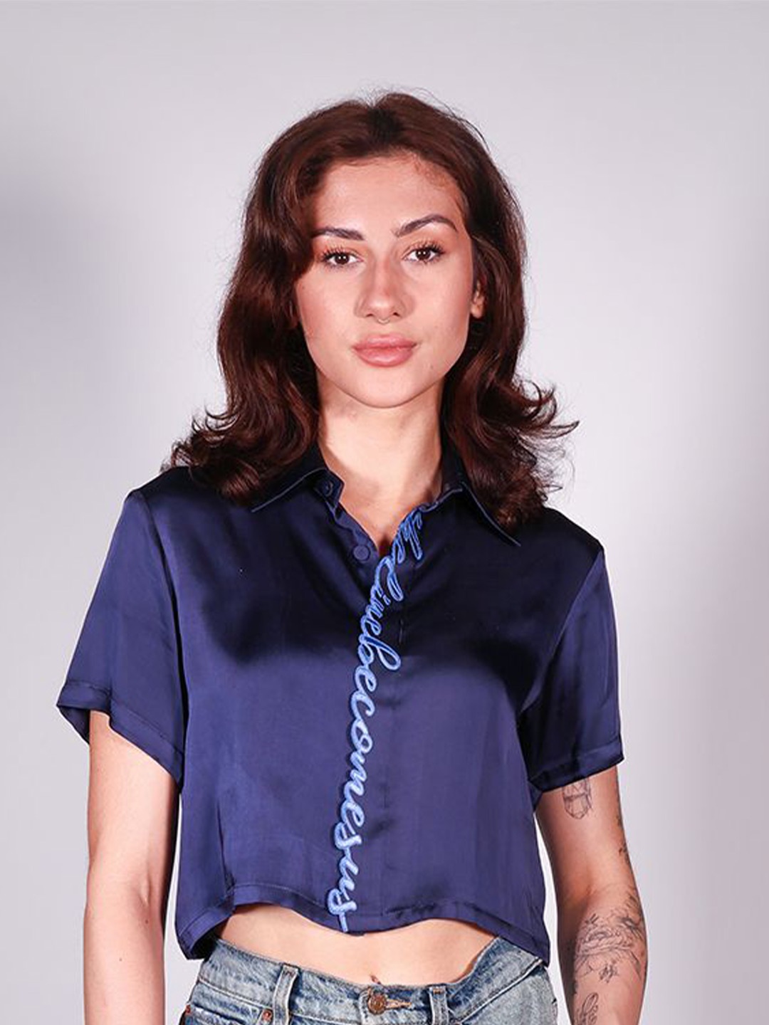 

Arya Giri Satin Shirt Style Crop Top, Blue