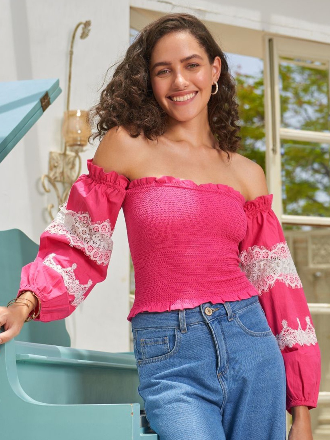 

Style Island Off-Shoulder Puff Sleeve Bohemian Cotton Bardot Top, Pink