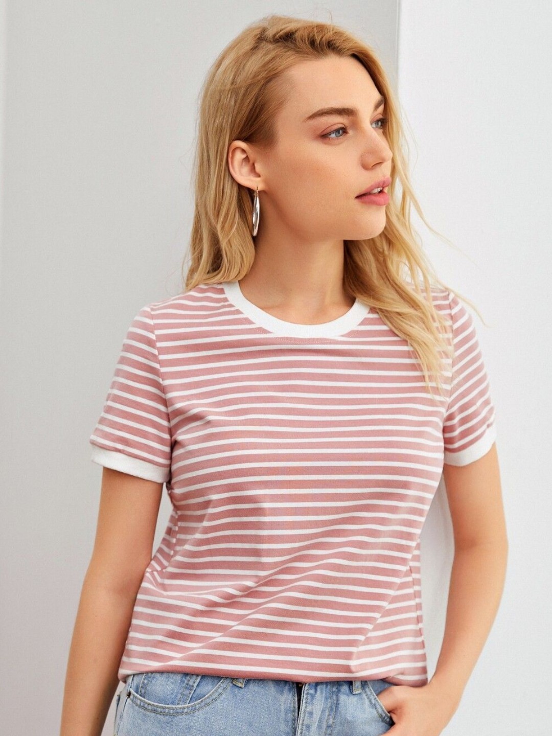 

TAGDO Women Striped Round Neck T-Shirt, Pink