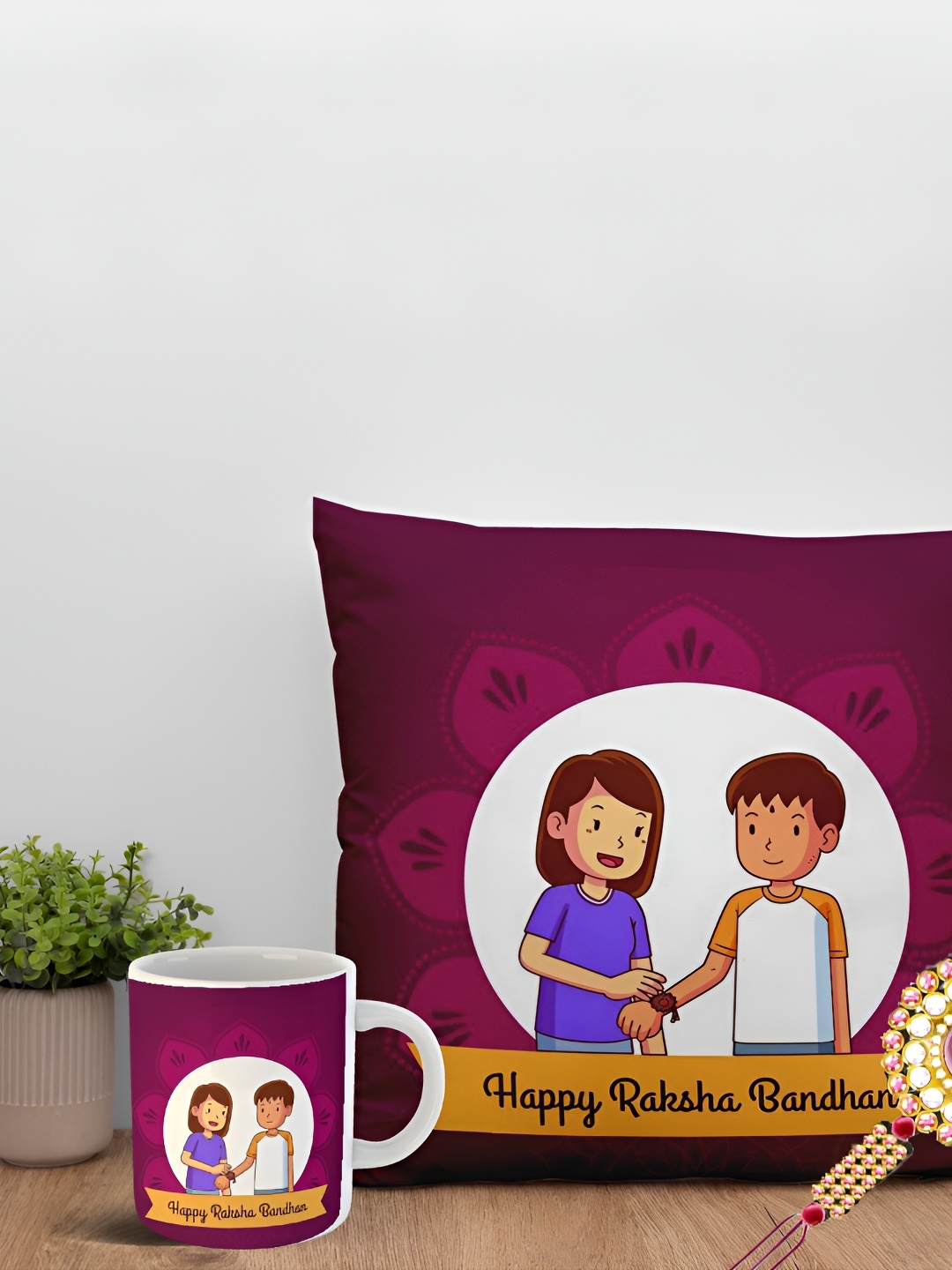 

ARTBUG Set Of 3 Rakhi With Printed Mug & Cushion, Gold