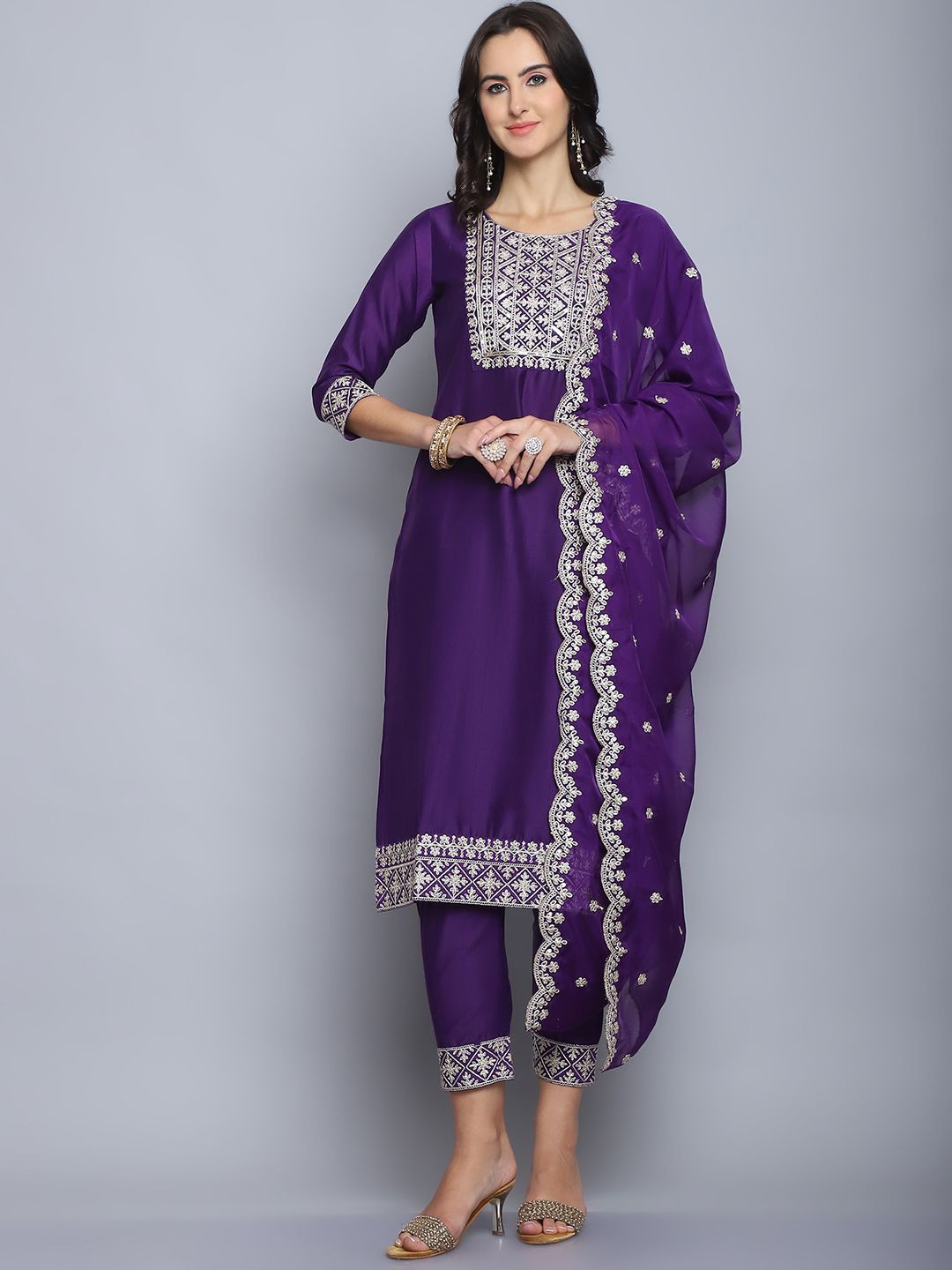 

KALINI Ethnic Motifs Embroidered Pure Silk Kurta with Trousers & Dupatta, Purple